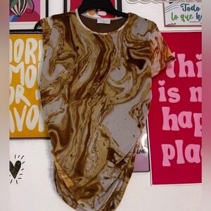 Thread Times New York Brown Marble Mesh Ruched‎ Side Short Sleeve Top 1X NWT